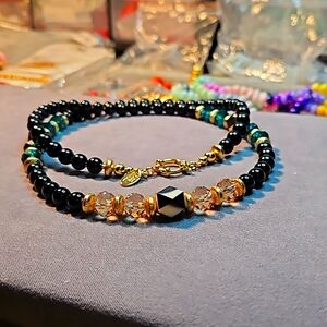 26" Onyx, 14K Gold-Filled, and Crystal Necklace.